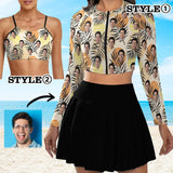 Custom Face Leaves Bikini Top&Bottom Women's Swim Skirt With Bottom Long Sleeve Zip Top