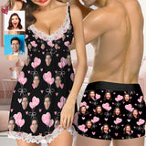 Custom Husband Face Pink Heart Women Lace Sleepwear Back Closure V Neck Nightwear Sexy Chemise Nightie