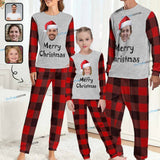 Face Pajamas Custom Face Buffalo Check Christmas Hat Family Matching Long Sleeve Pajama Set Personalized Photo Loungewear