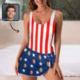 Custom Face Stripes & Stars Women's One Piece Skirted Swimsuit