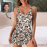 Custom Face White Leopard Pattern Women's One Piece Skirted Swimsuit