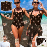 Custom Face Line Rose Strap Personalized One-piece Retro Bikini Swimsuit & Beach Wrap Set Custom One Piece Bathing Suits