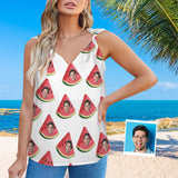 Custom Face Watermelon Top Personalized V-Neck Knotted Sleeveless Tank Tops for Women