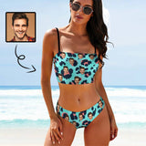 Custom Husband Face Blue Leopard Print Bikini Personalized Bathing Suit Women's Suspenders Bandeau Bikini Set Two Piece Swimsuits