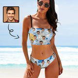 Custom Husband Face Flowers Blue Bikini Personalized Bathing Suit Women's Suspenders Bandeau Bikini Set Two Piece Swimsuits