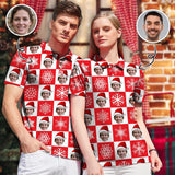 Custom Face Red White Plaid Chriatmas Hat Snowflake Couple Matching Polo Shirt