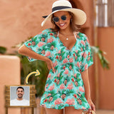 Custom Face Pink Flamigo One Piece Cover Up Dress Personalized Women's Short Sleeve Beachwear Coverups