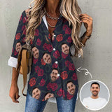 Personalized Face Hawaiian Shirt for Women Custom Red Rose Women's Cropped Hem Shirt Casual Long Sleeve Hawaiian Shirts