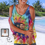 Personalized Face Tank Tops Women's Tie Dye Tie Neck Cold Shoulder Top