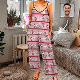 Persoanlized Sleepwear Custom Photo Funny Loungewear With Faces On Women's Christmas Hat Elk Snowflake Suspender Jumpsuit Loungewear