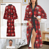 Custom Face Women's Long Pajamas Buffalo Check Personalized Photo Long Pajamas Kimono Robe for Christmas