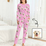 Custom Pet Dog's Face Bone & Footprint Sleepwear Personalized Women's Slumber Party Crewneck Long Pajamas Set