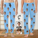 [More Comfortable]Custom Face Long Pajama Pants Simple Blue Personalized Men's Slumber Party Sleepwear