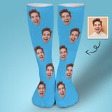 Custom Face Sublimated Crew Socks Blue Background Socks Personalized Funny Photo Socks Gift