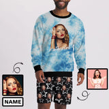 Custom Face&Name Blue Star Men's Crewneck Sweatshirt&2in1 Pockets Shorts Set