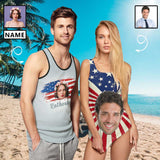 Custom Face&Name American Flag Matching Couple Tank Top Print Flag Women's Tank Top Design Grey Men's All Over Print Tank Top