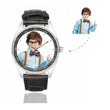 Men's Custom Boy Photo Casual Watch, Black Leather Strap