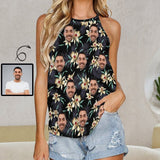 Custom Face Tops Tropical Flowers Black Halterneck Strapless Print Vest Shirt Women's Loose Tank Tops for Holiday